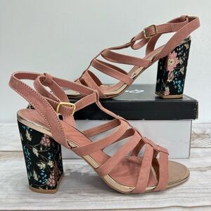 Mauve Faux Suede Strappy Sandals Embroidered Block Heels Qupid Pin Up Coquette